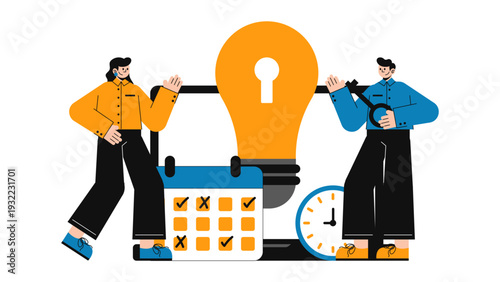 Business team finding the key to success with creative lightbulb and schedule