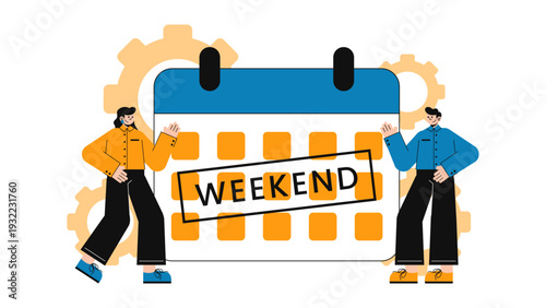 Team standing with a giant calendar marked for business weekend schedule