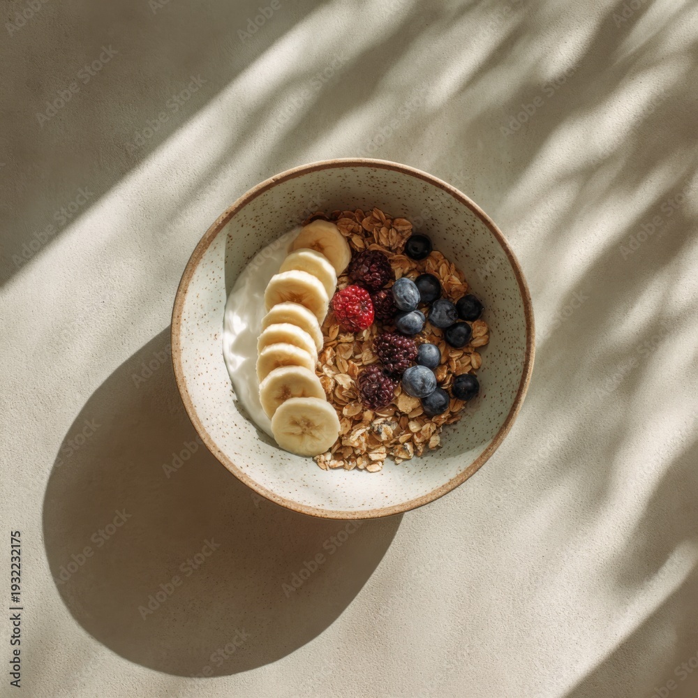 Fototapeta premium Healthy breakfast bowl with oatmeal, yogurt, banana slices, blueberries, and raspberries under harsh natural sunlight