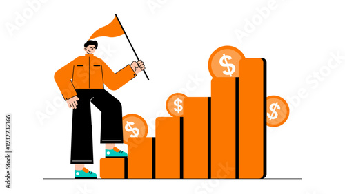 Businessman climbing bar chart stairs while holding a flag