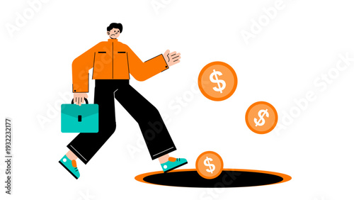 Businessman with briefcase walking into a hole with falling coins