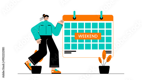 Professional woman pointing at a large calendar with a weekend label for work life balance