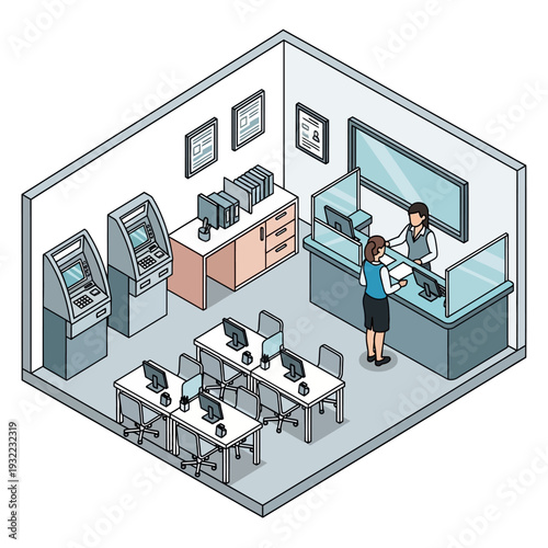 Isometric illustration of a bank office with customers and employees.