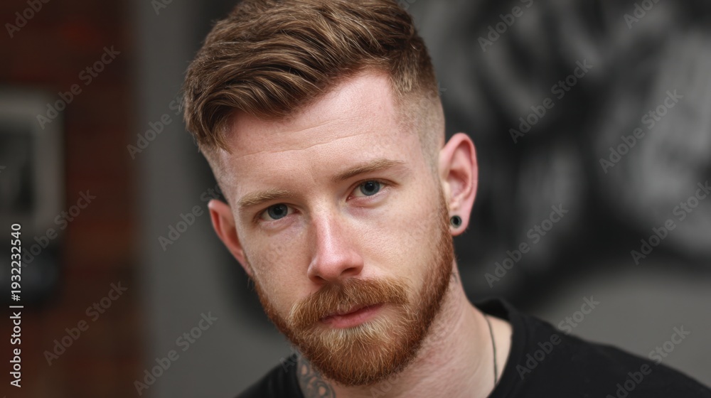Fototapeta premium Thoughtful young man with beard and stylish haircut, captivating gaze in an urban setting with artistic background