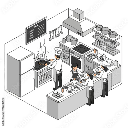 Commercial kitchen with chefs preparing food together.