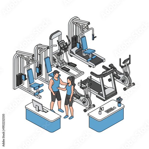 Two women discussing workout routine at modern gym with various exercise equipment.