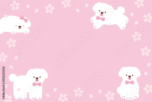 spring vector background with pink cherry blossoms and white fluffy dogs