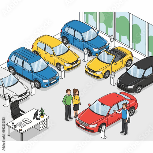 Car dealership showroom with various colored vehicles on display.