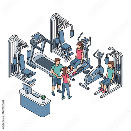 People exercising in a modern fitness center with various equipment.