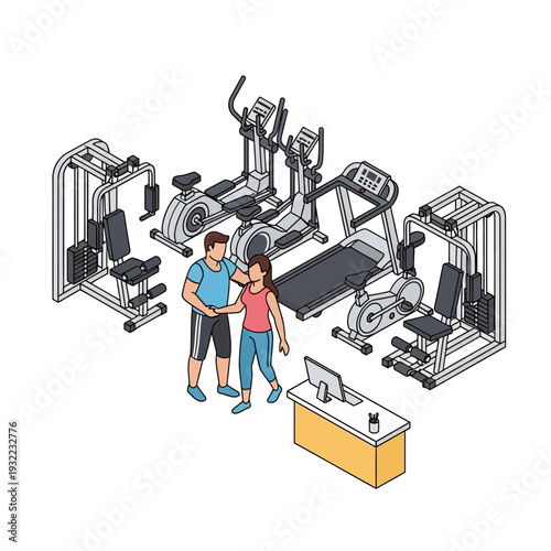 Couple Exercising Together in Modern Gym with Various Equipment.
