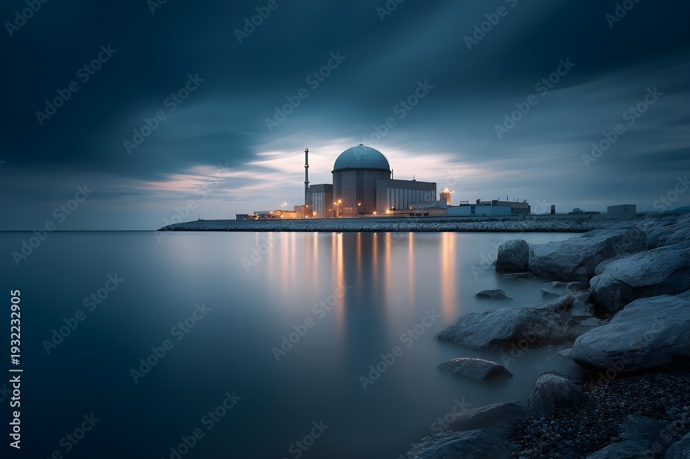 Obraz premium Sleek Nuclear Installation On Coastal Horizon Under Twilight For Modern Energy Infrastructure Concept Imagery