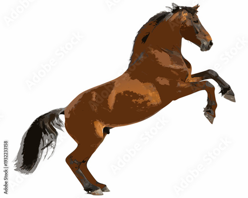 A majestic brown horse rearing up on its hind legs isolated