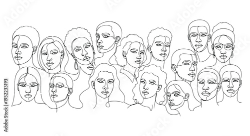 Diverse group of people with different faces and hairstyles promoting unity and Zero Discrimination Day on a white background with a minimalist line drawing style