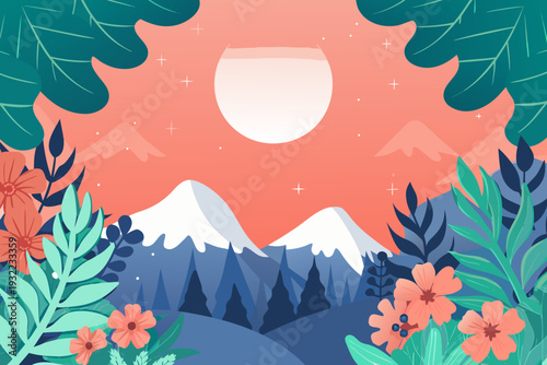 Stylized illustration of mountains moon and tropical foliage in pink hues