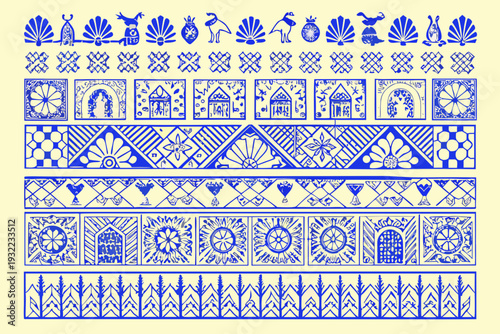 Blue and white decorative polish folk art patterns in repeating rows