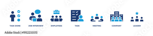 Corporate Leadership   Icons set vector illustration blue with Task done , Job interview, Employees, Task, Meeting, Company, Leader