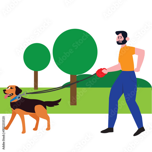 A man walks his dog in the park  vector cartoon illustration