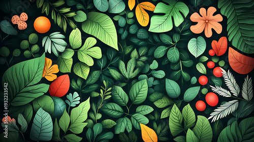 Vibrant Tropical Jungle Foliage and Exotic Fruits Pattern.