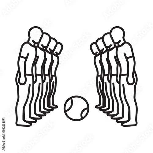 Line drawing depicts two teams facing each other with a ball