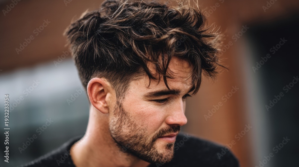 Obraz premium Stylish young man with tousled hair reflecting thoughtfully in a casual urban setting with blurred background elements