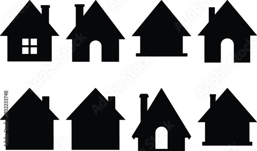 Group of eight black house icons with diverse features such as windows, arched entrances, and chimneys, ideal for graphic design and real estate themes.