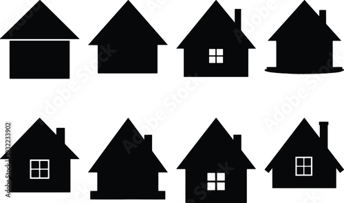 Eight black house silhouettes featuring varied roof shapes, windows, and base designs, offering a diverse collection for property and housing concepts.