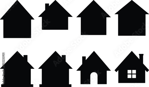 Group of eight black house icons with distinct roof styles and some featuring chimneys, suitable for real estate, construction, or housing related designs.