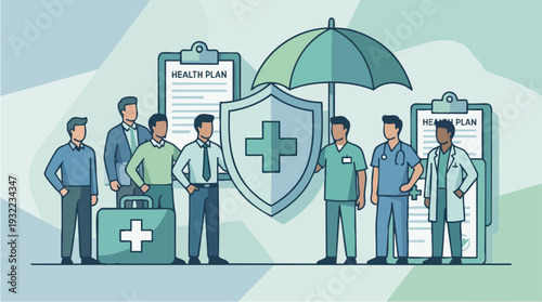 Diverse Group of Medical Professionals and Patients Gathered Around Health Insurance Shield.