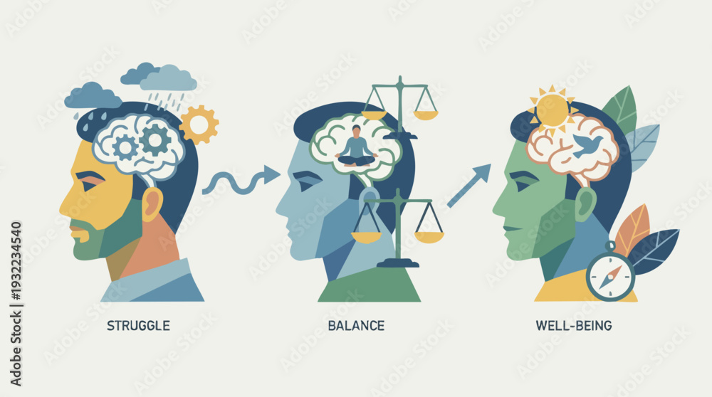 Fototapeta premium Mental Health Journey From Struggle to Well-being Depicted Through Human Heads.