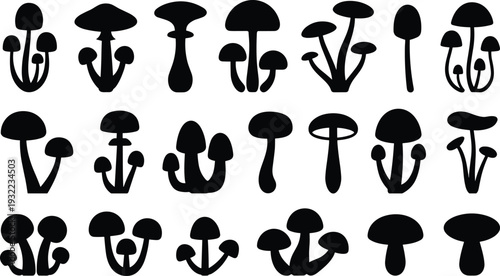 "Black mushroom silhouettes collection, diverse fungi shapes, educational botanical illustration set, nature inspired graphic design elements, vector mushroom icons"