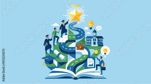 Illustration of a journey of learning and growth from a book.