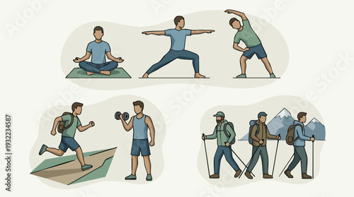 Healthy Lifestyle Activities Diverse People Exercising Outdoors and Indoors.