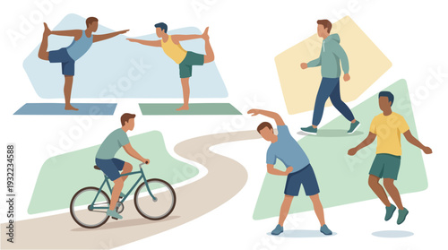 Diverse group of men engaged in various outdoor fitness activities.