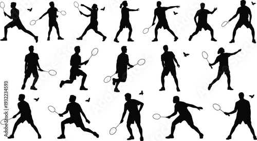 Badminton player silhouette collection, sport action poses vector illustration, racket swing jumping athletes isolated professional badminton motion set