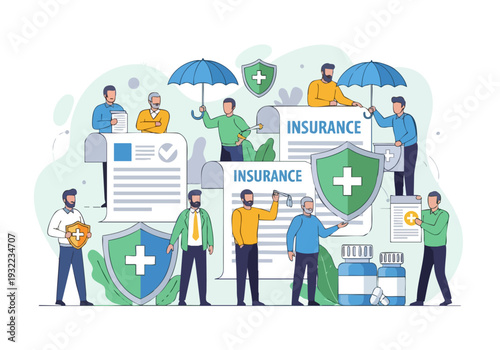 Diverse group of people interacting with insurance documents and symbols.