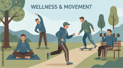 Diverse group of men engaged in various wellness and movement activities outdoors.