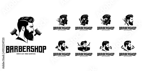 Premium barbershop logo templates with vintage male portrait illustration and grooming theme