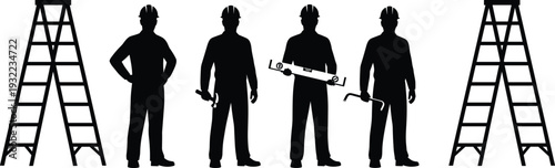 Construction worker silhouettes, ladder standing, wrench holding, screwdriver usage, level tool, hammer carrying, hard hat safety, teamwork artwork design