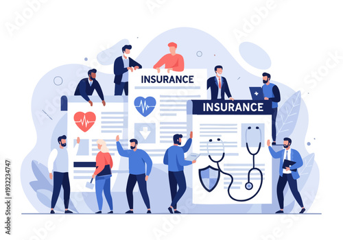 Diverse Group of People Engaged with Insurance Documents.