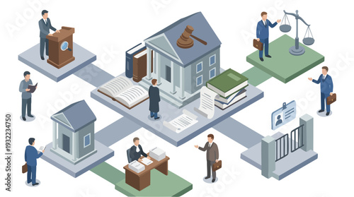 Isometric Illustration of Legal System and Justice Process.
