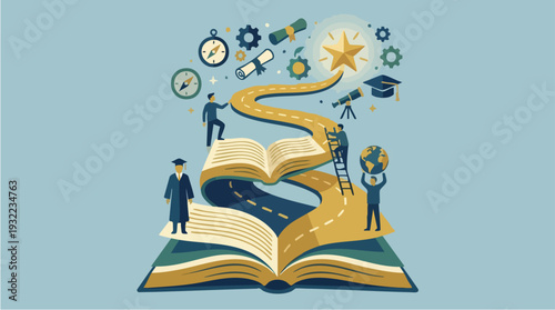 Open Book Transforms into Winding Road of Knowledge and Success.