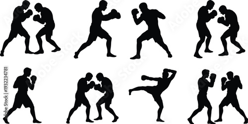 Boxing fighters silhouette collection, combat sport action poses vector illustration, professional boxers training sparring isolated martial arts activity set