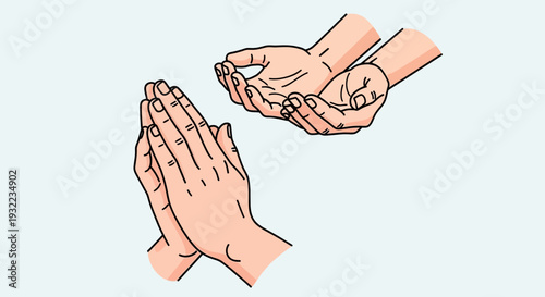 Hands in prayer and offering gestures illustration on solid background