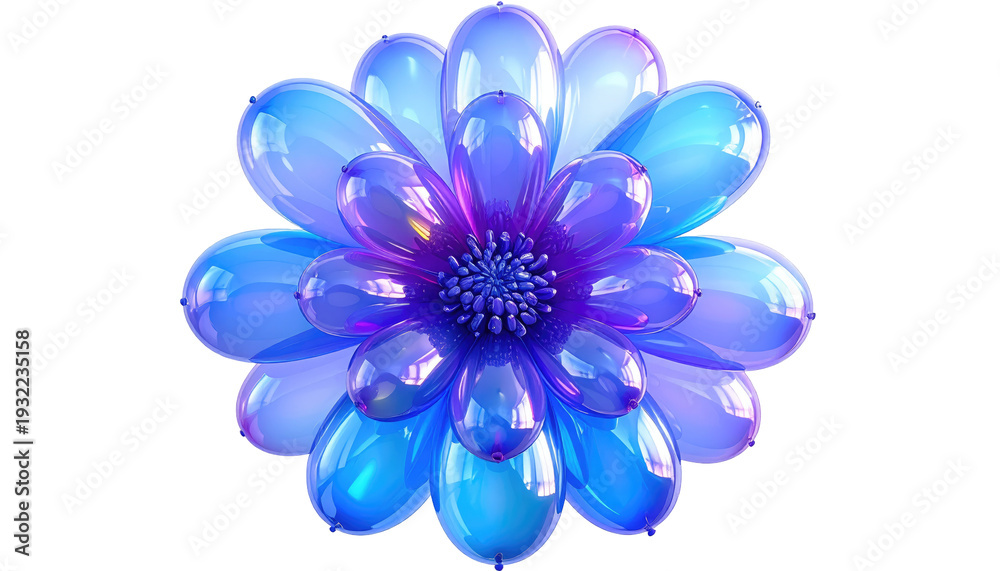 Fototapeta premium Glossy flower render. Opalescent blue, purple petals radiating from textured center on a transparent backdrop