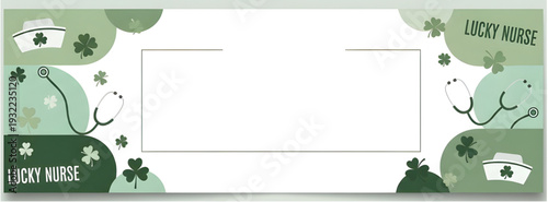 St. Patrick's Day Lucky Nurse Banner Illustration with Shamrocks and Stethoscopes,  horizontal banner illustration for St. Patrick's Day, featuring the text "LUCKY NURSE", nurse caps