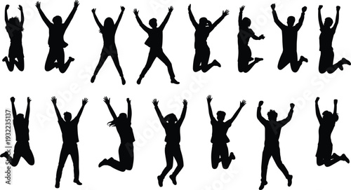 Jumping people silhouette set, happy celebration jumping poses vector illustration, excited men women isolated freedom success lifestyle activity collection