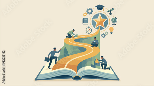 Open book transforms into a winding path of learning and growth.