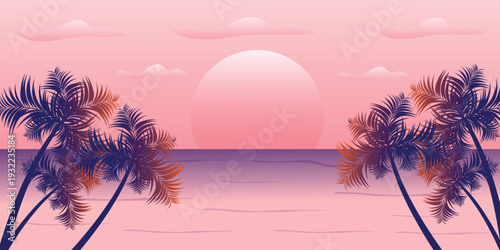 Sunset on the beach with palms tree background