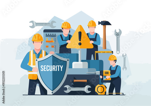 Team of construction workers ensuring security with tools and shield.