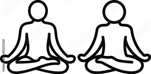 Black and white line of two figures meditating in lotus position side by side meditation sitting